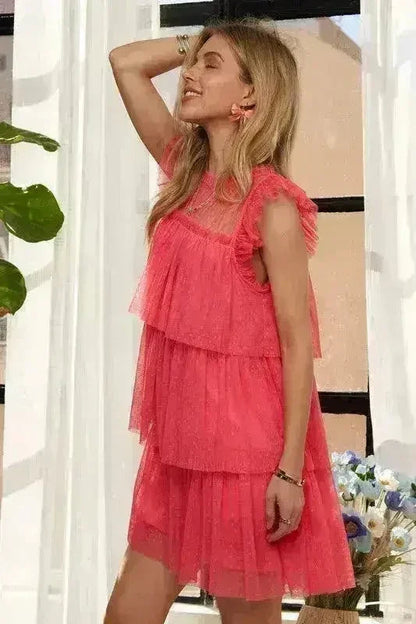 Layered Ruffle Mesh Dress | Cap Sleeve Semi-Sheer Gown -femstylo