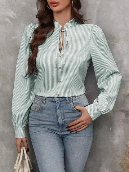 Striped Tie Neck Long Sleeve Blouse – Femstylo