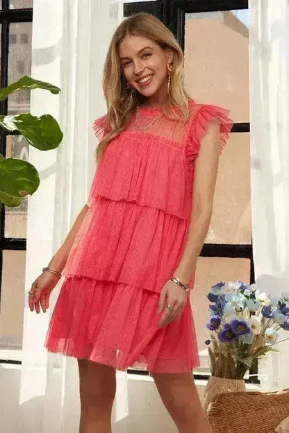Layered Ruffle Mesh Dress | Cap Sleeve Semi-Sheer Gown -femstylo