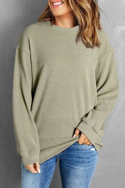 Green Ribbed Knit Sweatshirt - Round Neck Pullover | Femstylo