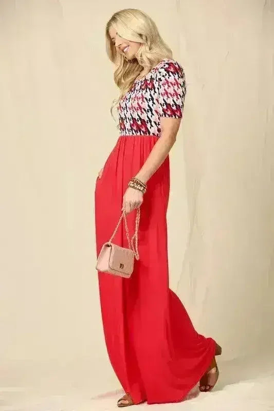 Houndstooth Maxi Dress | Short Sleeve Pocketed Style | Femstylo