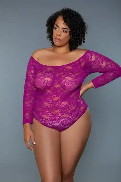 Off-Shoulder Floral Lace Bodysuit | Long Sleeve Snap Closure - Femstylo