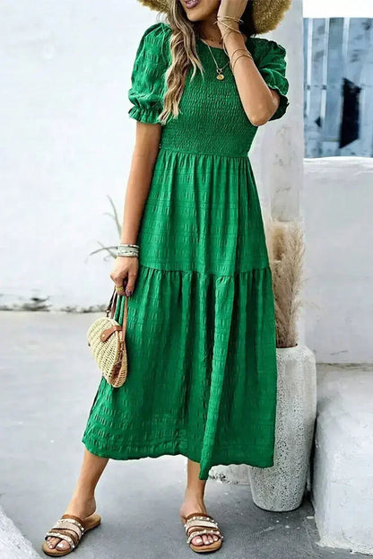 Sail Blue Solid Textured Smocked High Waist Midi Dress