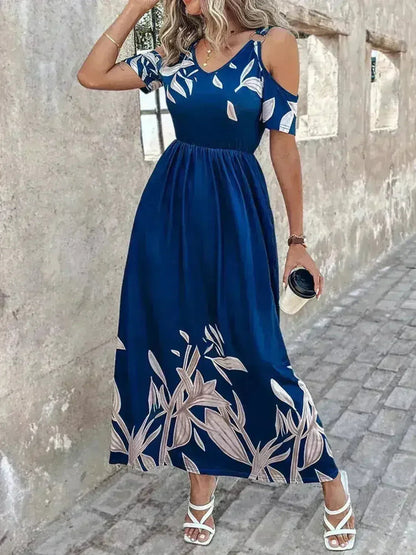 Printed Cold Shoulder Maxi Dress - Stylish Polyester Dress | Femstylo