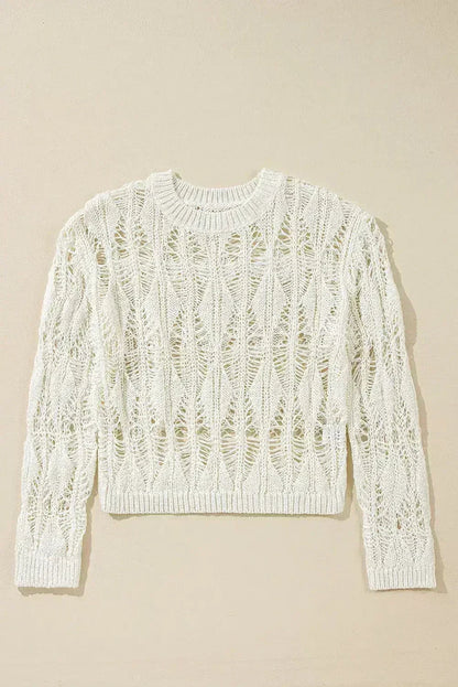 White Crochet Crew Neck Sweater - Loose Fit & High Elasticity | Femstylo