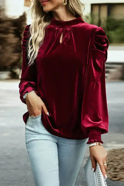 Fiery Red Velvet Blouse - Mock Neck & Puff Sleeves | Femstylo