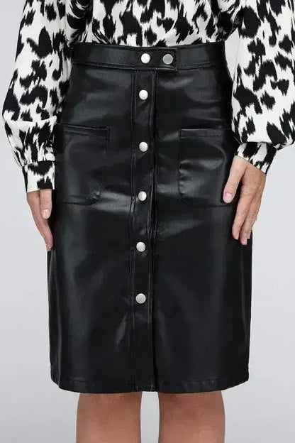 Button Front PU Skirt – High Waist Midi with Pockets