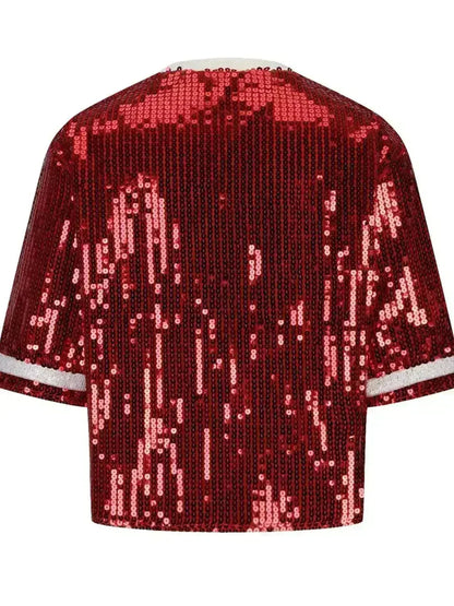 Sequin Football Top - Sparkling Half-Sleeve Blouse | Femstylo