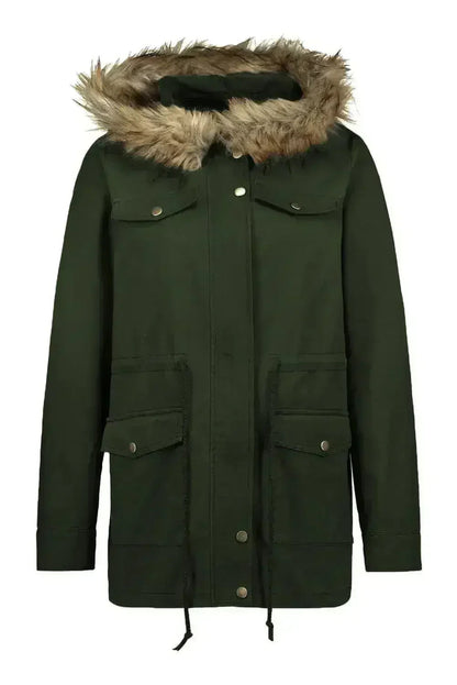 Zipper Snaps Pocket Plush Hooded Parka Jacket
