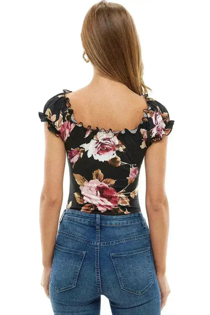 Floral Print Peasant Puff Sleeve Bodysuit USA - Femstylo