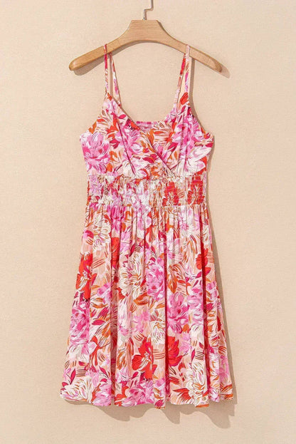 Red Floral Spaghetti Strap Surplice Neck Shirred Waist Mini Dress