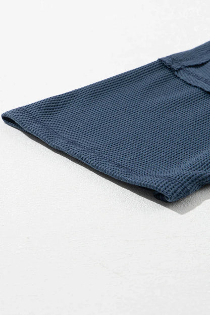 Blue Exposed Seam Drop Sleeve V Neck Waffle Textured Top