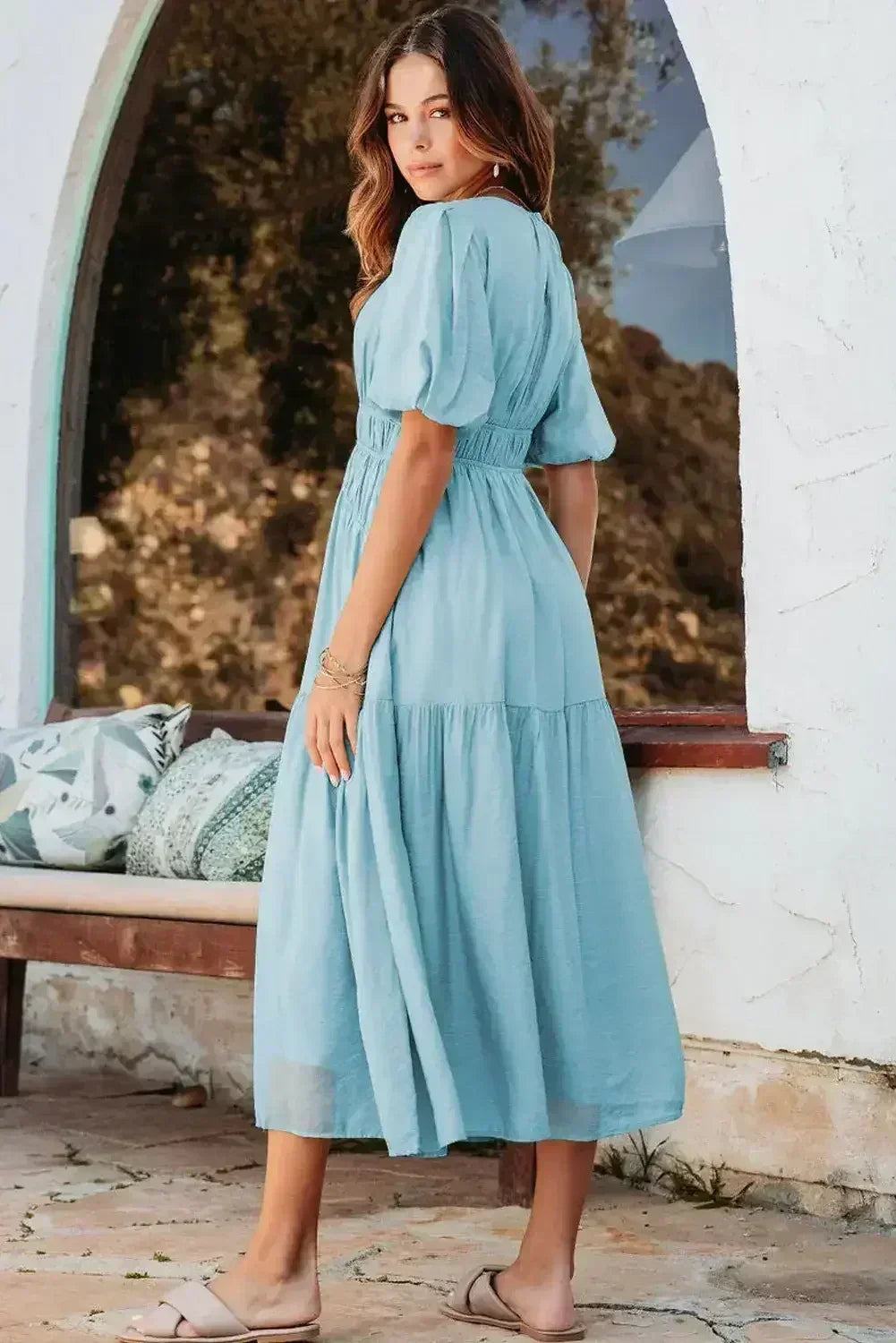 Light Blue Puff Sleeve High Waist Flowy Midi Dress