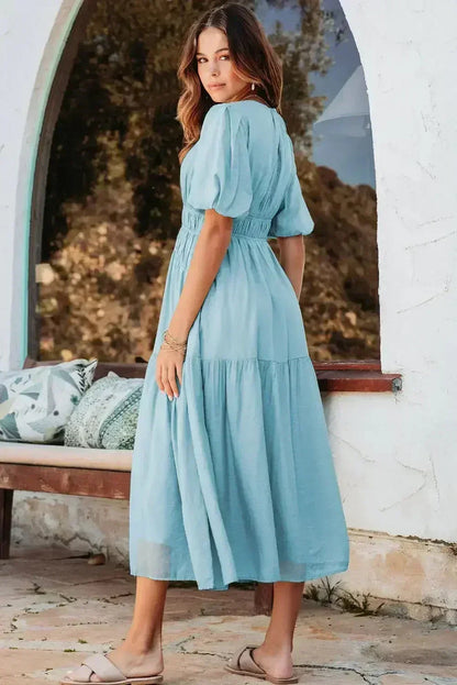 Light Blue Puff Sleeve High Waist Flowy Midi Dress