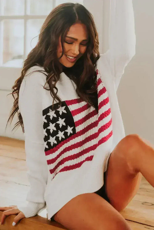 White American Flag Cable Knit Drop Shoulder Sweater