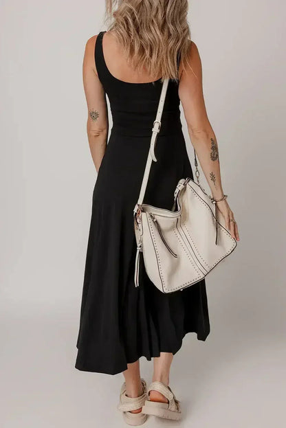 Black Sleeveless Scoop Neck Flared Split Midi Dress