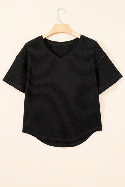 White Waffle Texture V Neck Drop Shoulder Loose Tee