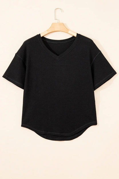 White Waffle Texture V Neck Drop Shoulder Loose Tee