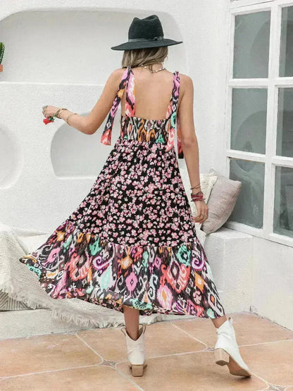 Printed Plunge Midi Dress | Sleeveless Tied Waist | Polyester