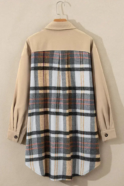 Khaki Plaid Patchwork Long Sleeve Mini Dress with Pockets