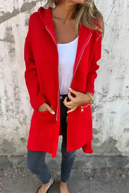 Red Zip-Up Hooded Coat - Minimalist Casual Jacket - Streetwear Essential