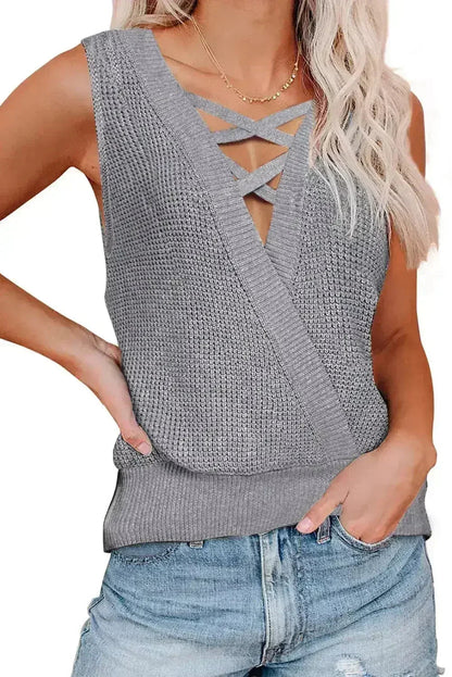 Gray Crisscross Hollow-out Knit Tank Top