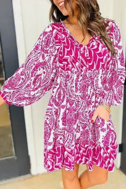 Green Bohemian Print Puff Sleeve Tied V Neck Flared Mini Dress