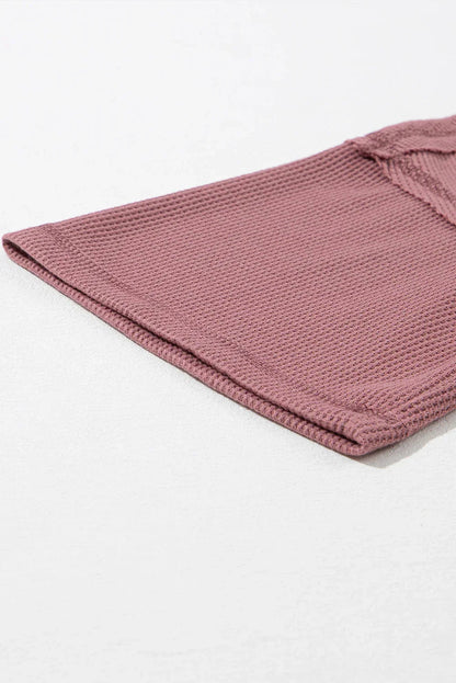 Blue Exposed Seam Drop Sleeve V Neck Waffle Textured Top