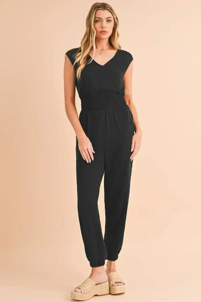 Black Shirred High Waist V Neck Sleeveless Jumpsuit