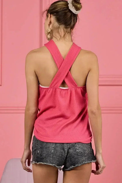 BiBi Lace Knit with Cut Out And Cross Neck Banded Top