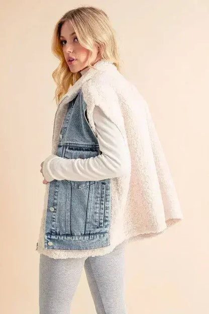 Aemi + Co Fake Two Pieces Denim Patch Sherpa Vest Coat