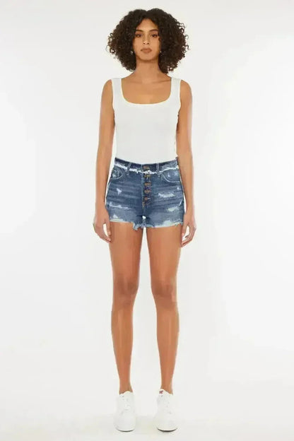 Kancan Distressed Button Fly Denim Shorts