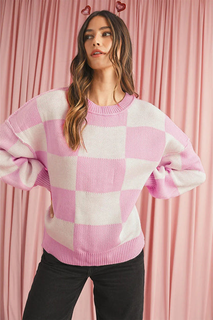 Dark Brown Plaid Bishop Sleeve Pullover Sweater