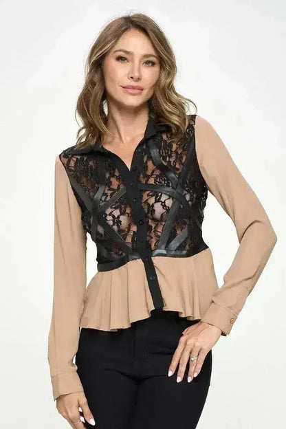 Chic Vegan Leather Peplum Blouse - Color Block Sheer Lace Top | Femstylo