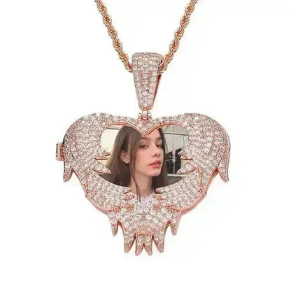 LoveShell™ – Custom Clamshell Heart Photo Pendant | Iced Out Zircon