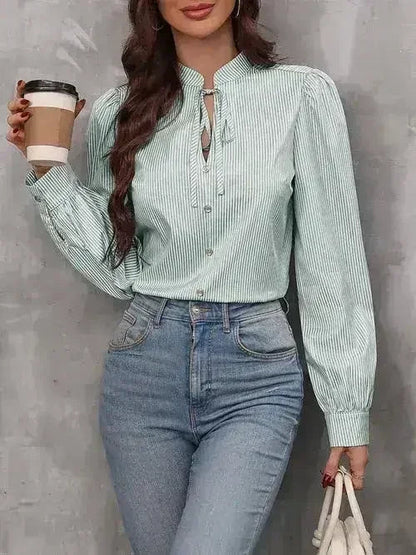 Striped Tie Neck Long Sleeve Blouse – Femstylo
