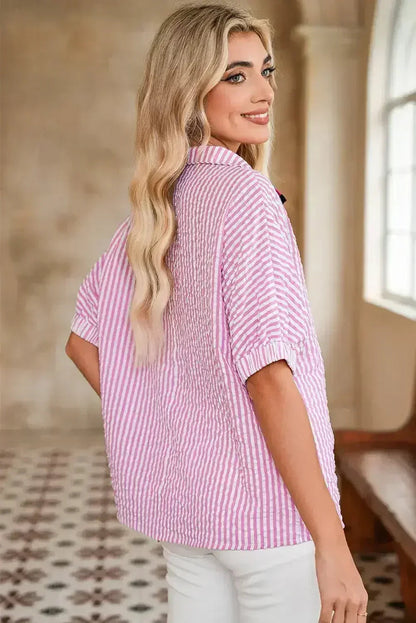 Sachet Pink Striped Dolman Sleeve Color Neckline Blouse | Femstylo