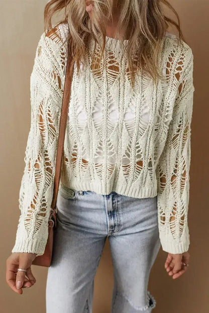 White Crochet Crew Neck Sweater - Loose Fit & High Elasticity | Femstylo