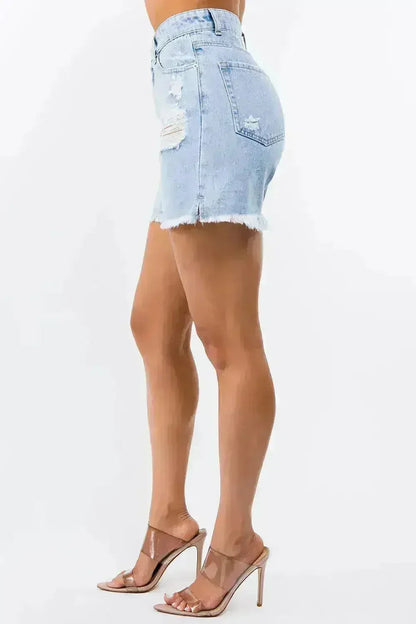 High Waist Distressed Denim Shorts - Raw Hem Style | Femstylo