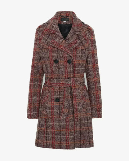 Wool Blend Check Double Breasted Military Coat