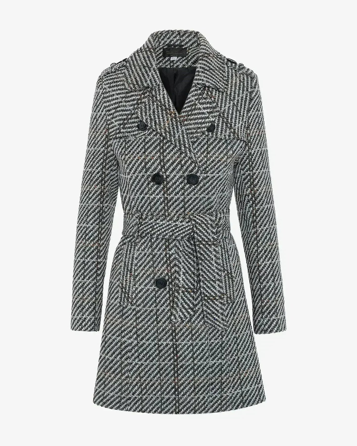 Wool Blend Check Double Breasted Military Coat