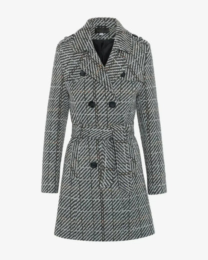 Wool Blend Check Double Breasted Military Coat