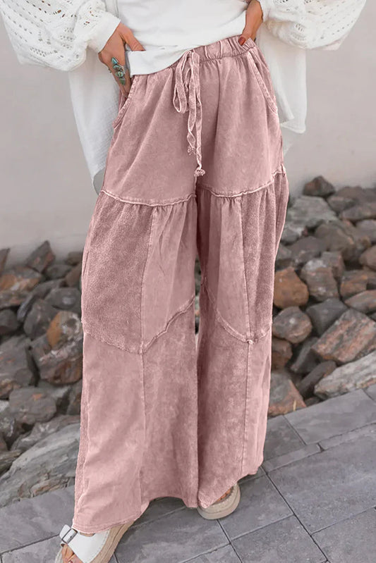 Mineral Wash Tiered Wide Leg Patchwork Drawstring Pants