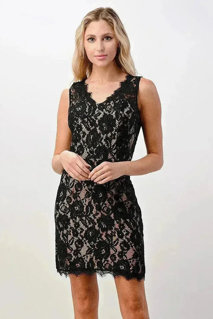 Sleeveless Lace Overlay Dress Scalloped Edges - Femstylo