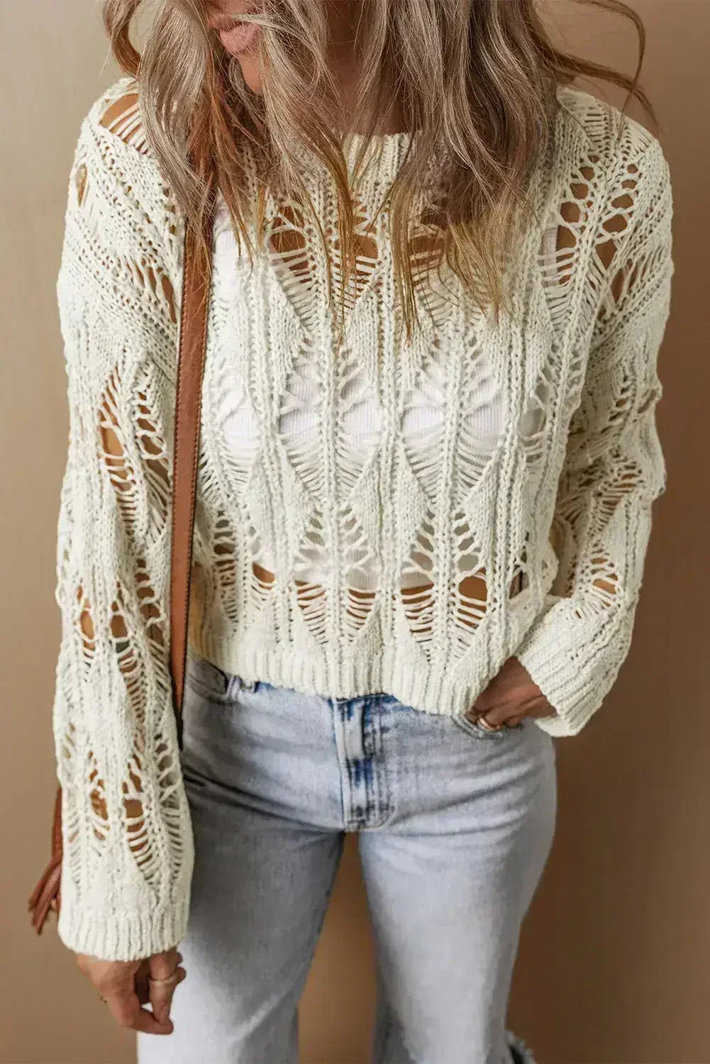 White Crochet Crew Neck Sweater - Loose Fit & High Elasticity | Femstylo
