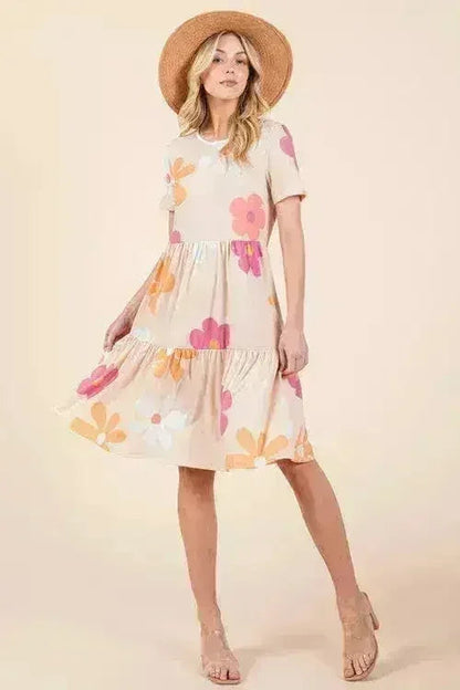 Floral Tiered Summer Dress - Round Neck Short Sleeve | BOMBOM