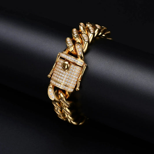 RUGBY 18MM Stainless Steel Full CZ Cuban Link Bracelet