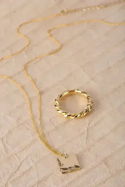 Gold Twisted Ring & Square Pendant Necklace Set - Nickel-Free