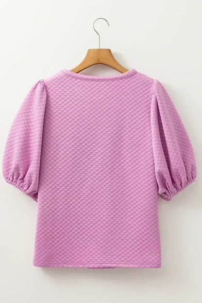 Phalaenopsis Solid Textured O Neck Puff Sleeve Blouse | Femstylo
