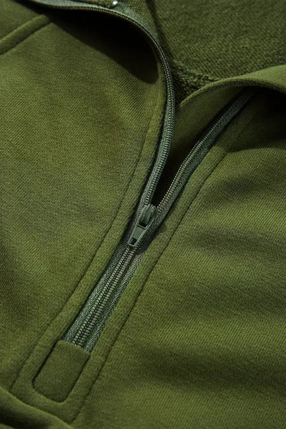 Moss Green Quarter Zip Stand Neck Kangaroo Pocket Sweatshirt